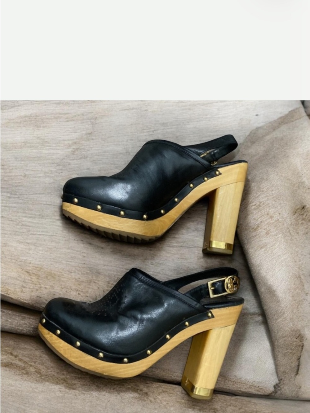 Tory Burch Clogs Mule Leather Wood Heels Slingback Black Size 7.5 M